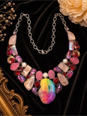 Druzy Stone Statement Rainbow & Pink Artisnal  Bib Necklace